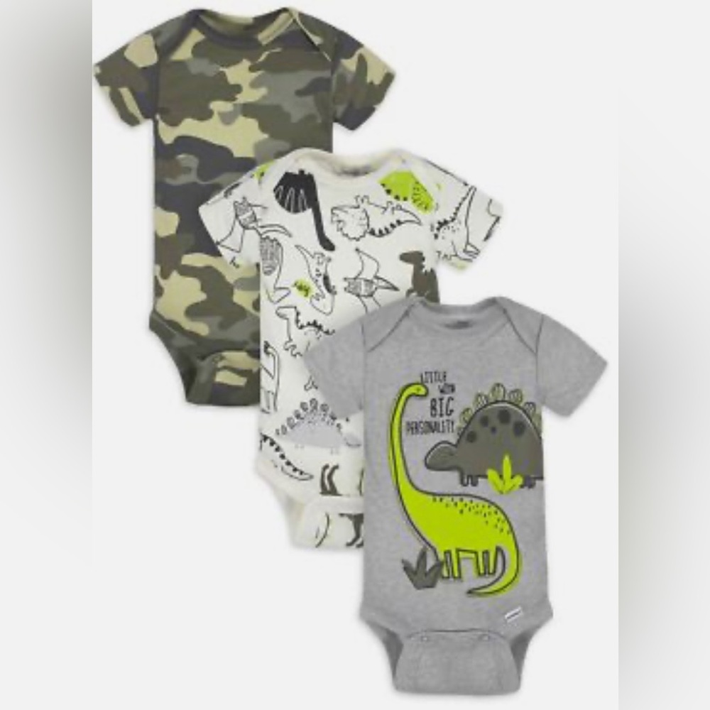 Gerber Organic Baby Onesies with Dinosaur and Camo Designs